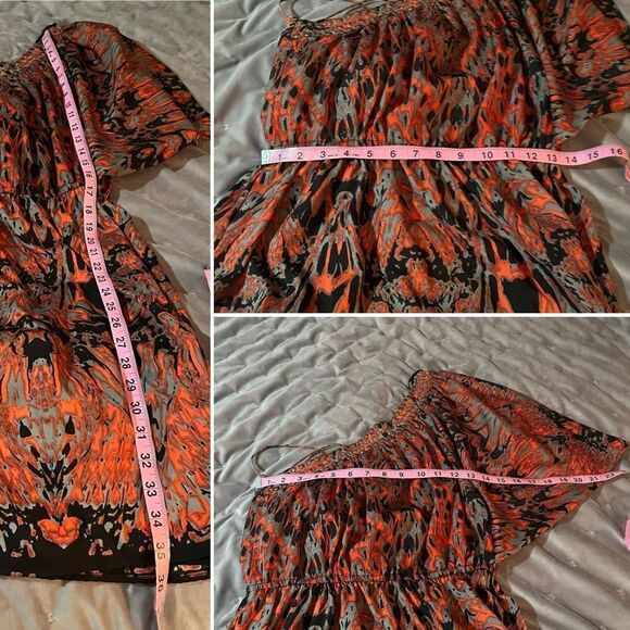 Angie One Shoulder Mini Dress Split Sleeve Feather Print Metal Bead Red Black S - Picture 10 of 10
